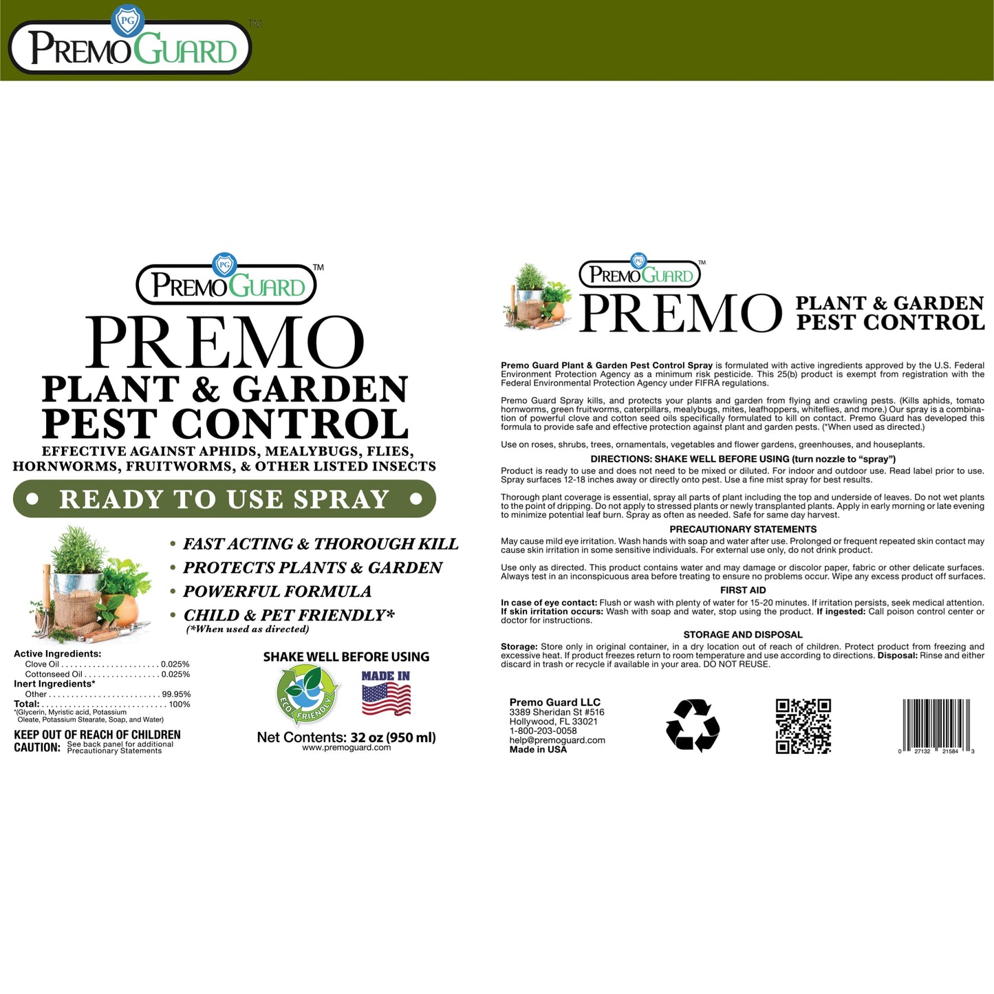 Plant and Garden Pest Control Spray - 32 oz | Plant Based Natural Non-Toxic | Premo Guard