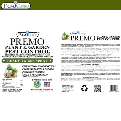 Plant and Garden Pest Control Spray - 32 oz | Plant Based Natural Non-Toxic | Premo Guard