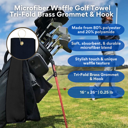 Tri-Fold Microfiber Waffle Golf Towel: Grommet & Hook Pack of 2