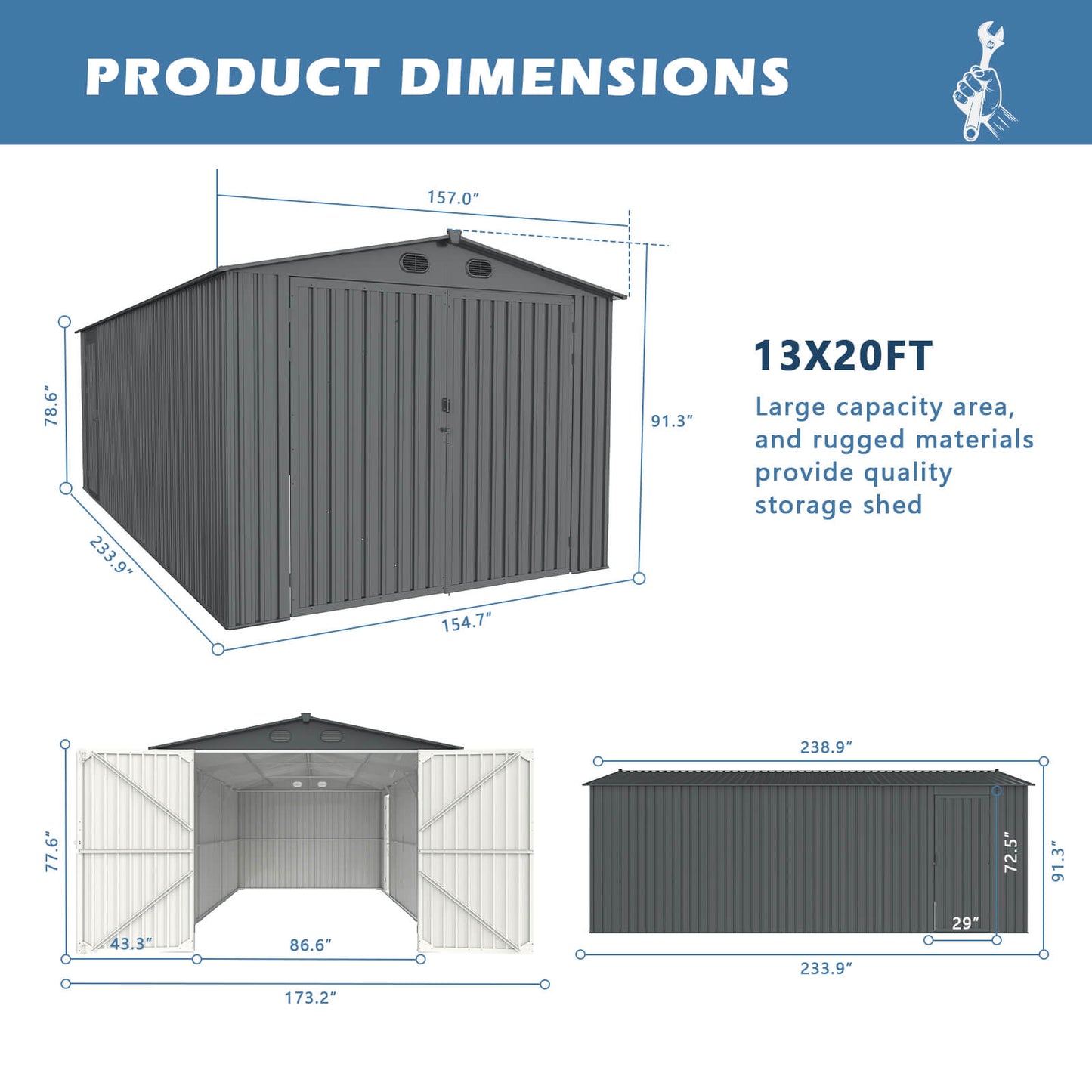 13'x20' Metal Shed with Double Front Doors & Side Entry Door