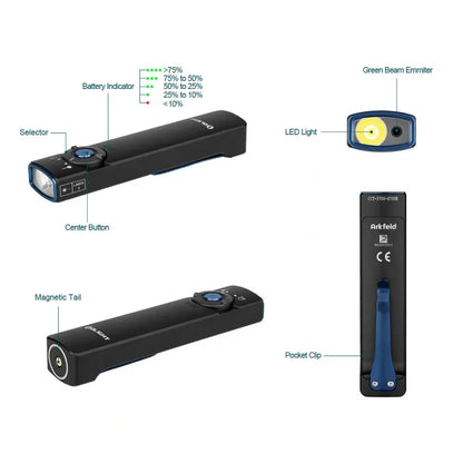 OLIGHT ARKFELDPWGMGCW Arkfeld Flat Flashlight with Green Laser & White Light - Pinwheel Gunmetal Grey