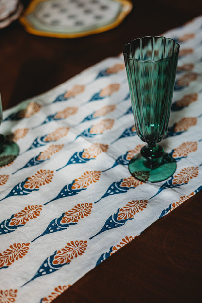 Bahaar Hand Printed Table Runner - Ginger & Blue
