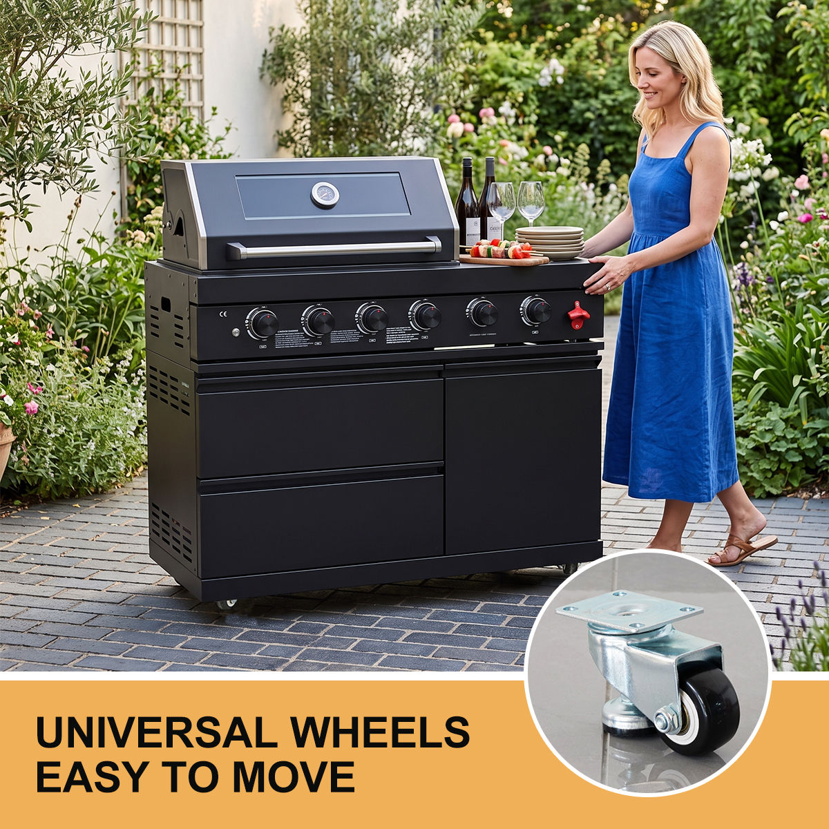 104" 4-Burner 72,000 BTU Black Outdoor Kitchen Bar Barbecue Island Grill + Wine Cooler + Sink