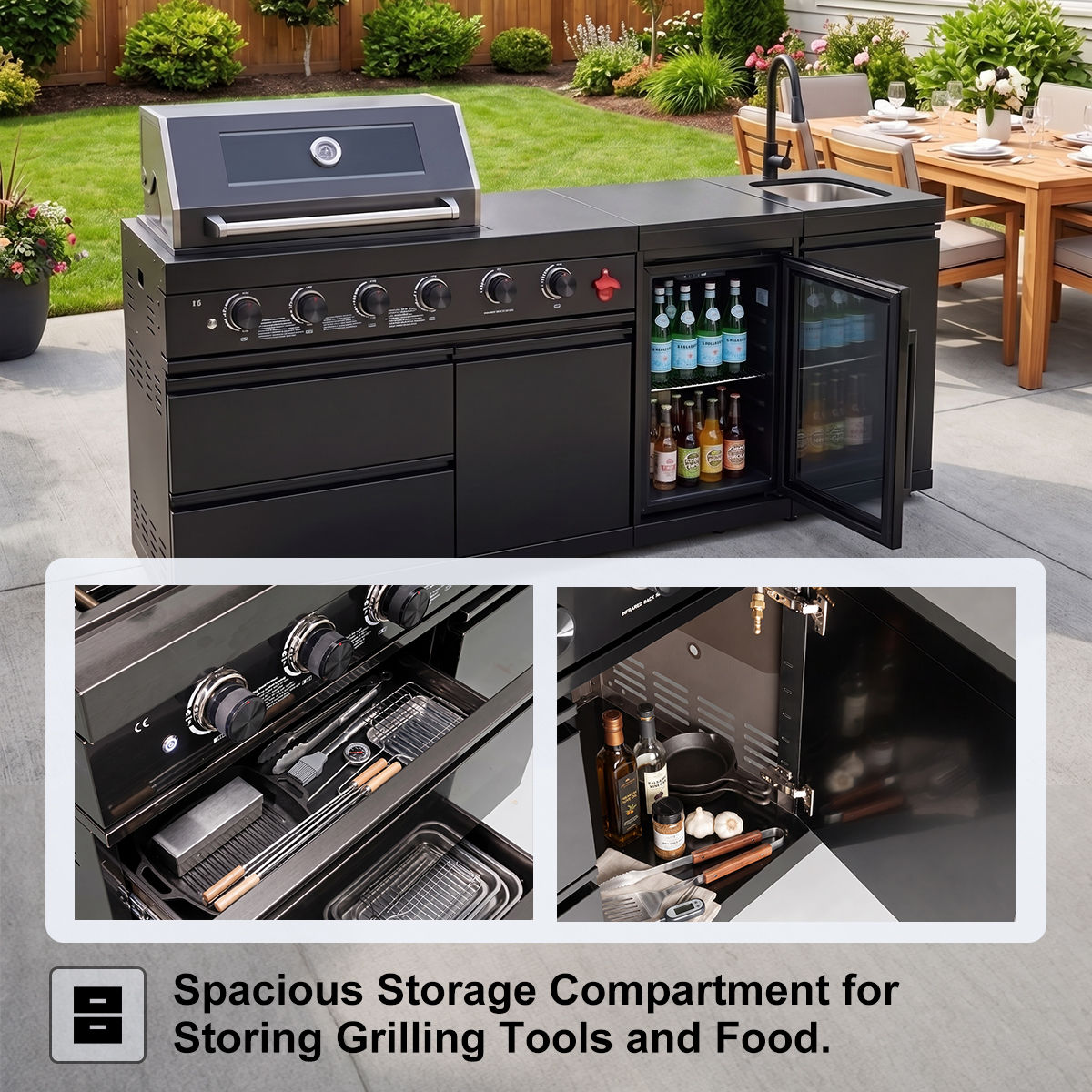 104" 4-Burner 72,000 BTU Black Outdoor Kitchen Bar Barbecue Island Grill + Wine Cooler + Sink