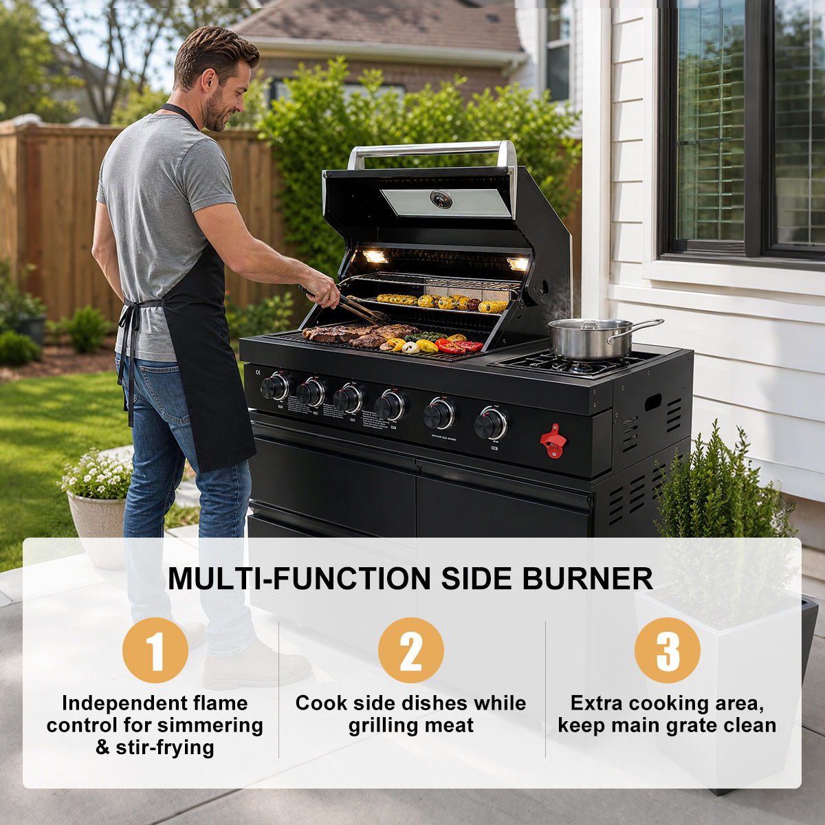 102" 6-Burner 85,000 BTU Black Outdoor Kitchen Island Grill + Refrigerator + Marble Countertops + Sink
