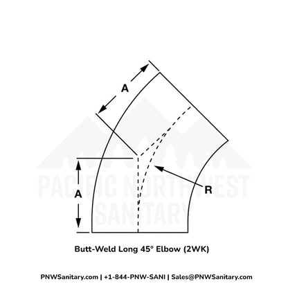 0.500" OD 16ga 45° Butt-Weld Elbow - (2WK) - Polished OD/ID - 316L Stainless