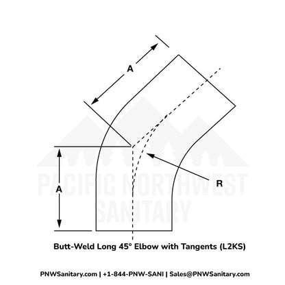 3.000" 16ga Butt-Weld 45° Elbow with Tangents - (L2KS - Special) - Polished OD/ID - 304 Stainless