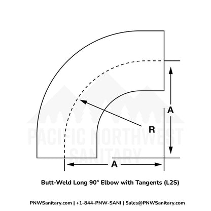 2.000" 16ga Tight Radius Butt-Weld 90° Elbow with Tangents - (L2S - Special) - Polished OD/ID - 304 Stainless