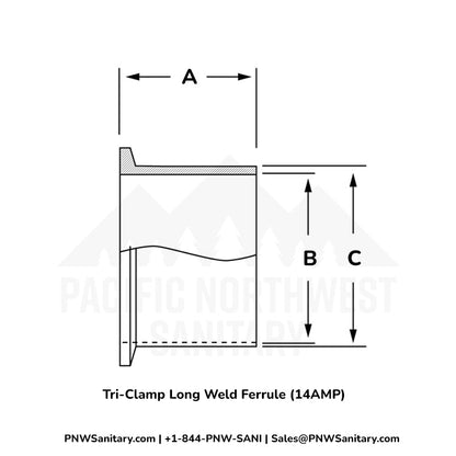 3.000" Tri-Clamp Long Weld Ferrule - (14AM7) - 316L Stainless