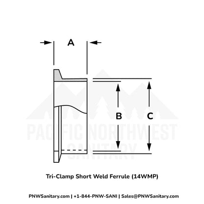 3.000" Tri-Clamp Short Weld Ferrule - (14WMP) - 304 Stainless