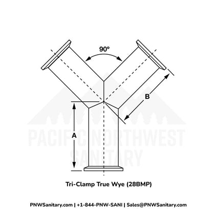 3.000" OD 16ga Tri-Clamp True Wye - (28BMP) - Polished OD/ID - 316L Stainless