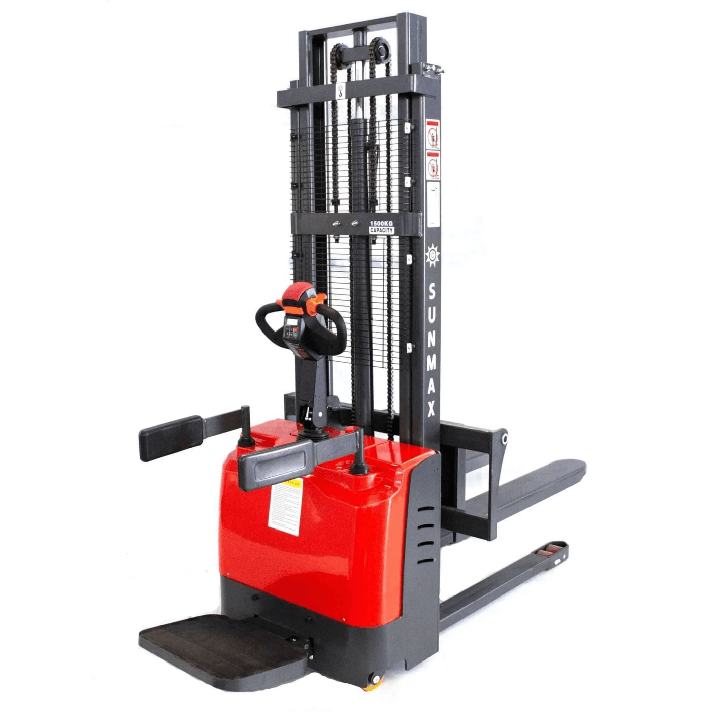 PS3300FE-3M Electric Pallet Stacker, 3300 lbs Capacity, 118″ Lifting Height, Work with Open-bottom Pallets