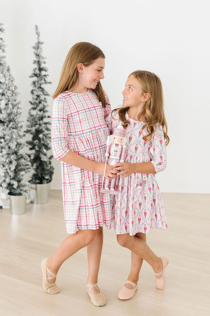 Pink Nutcracker 3/4 Sleeve Pocket Twirl Dress