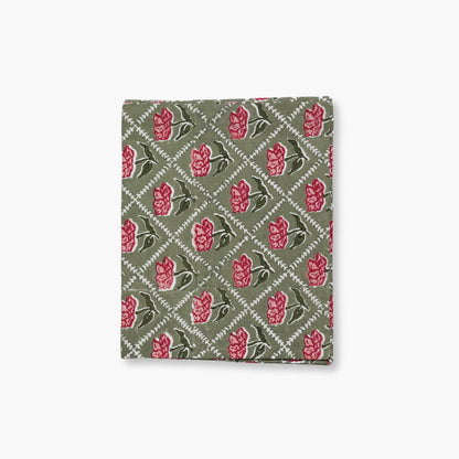Noor - Pure Linen Handprinted Table Runner - Olive & Pink
