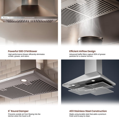 Rangaire 30" Wall-Mounted Range Hood 580 CFM Convertible  Stainless Steel  RHWMP30S