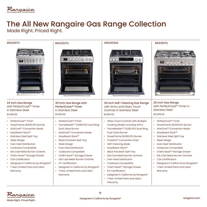 Rangaire 24" Gas Range Convection Oven Freestanding Stainless Steel RRG241TS