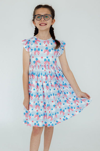 Red, White & Bows Flutter Sleeve Twirl Dress