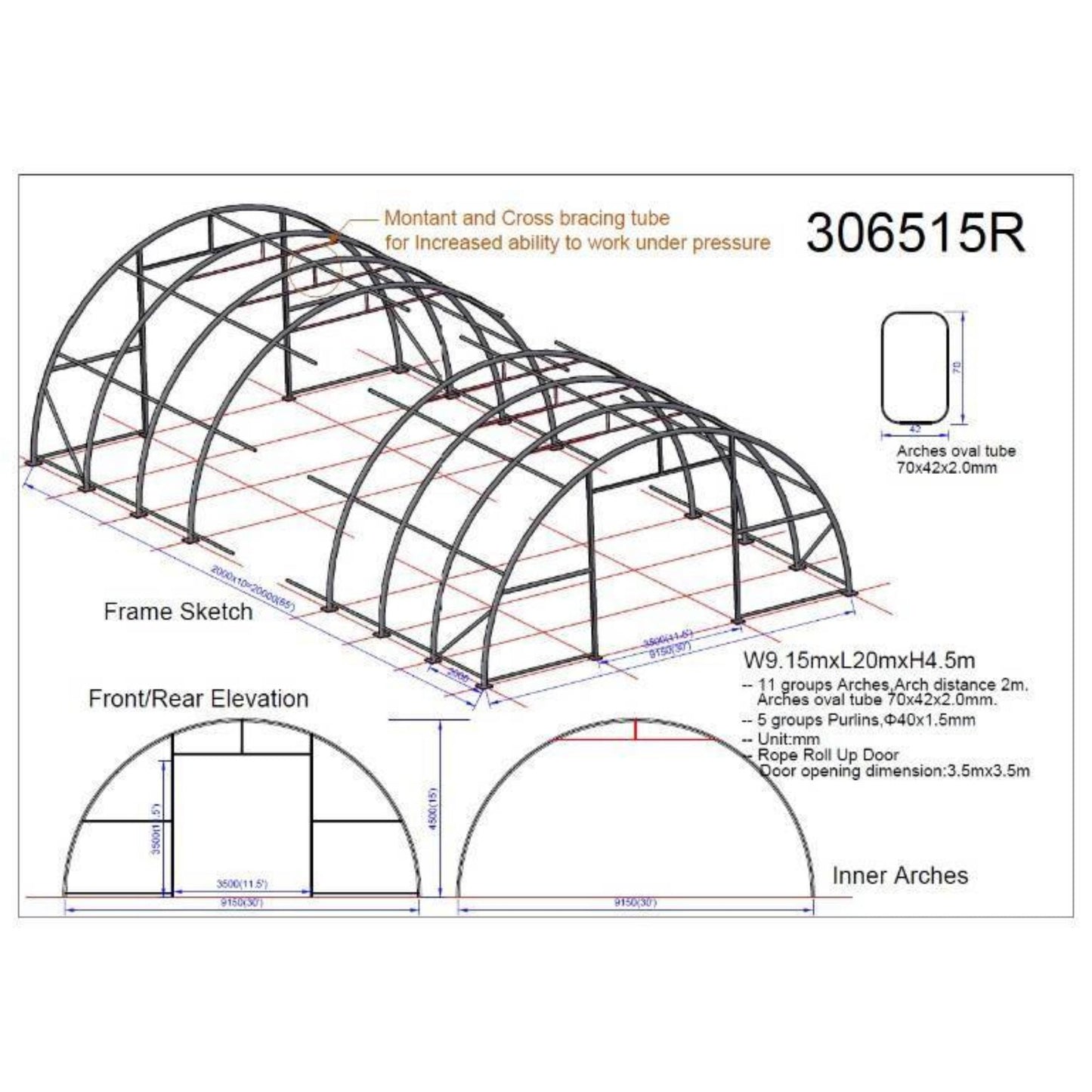 W30'xL65'xH15' Single Truss Arch Storage Shelter