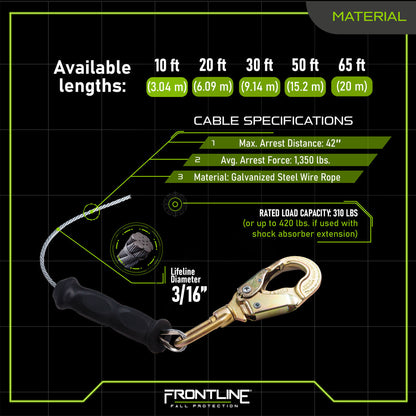Frontline RPG20 20' Cable Single Leg SRL with Steel Snap Hook End with Carry on Handle and Tagline