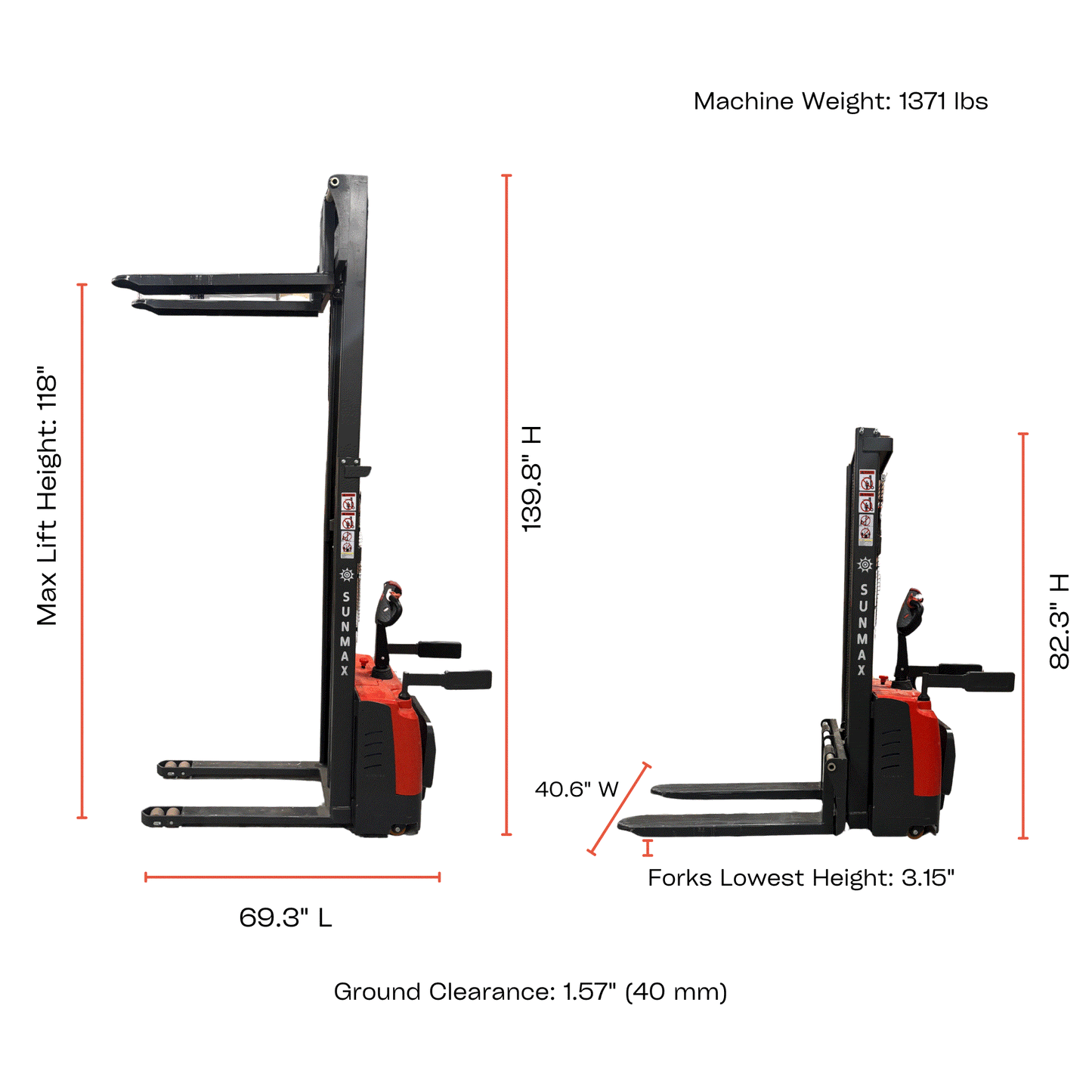 PS3300FE-3M Electric Pallet Stacker, 3300 lbs Capacity, 118″ Lifting Height, Work with Open-bottom Pallets