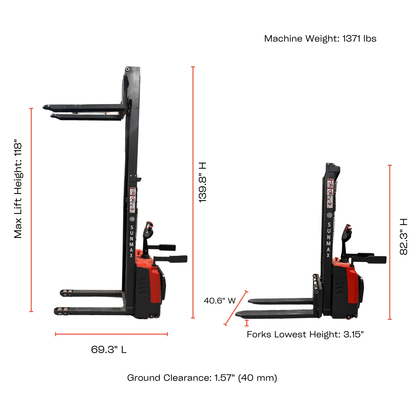 PS3300FE-3M Electric Pallet Stacker, 3300 lbs Capacity, 118″ Lifting Height, Work with Open-bottom Pallets