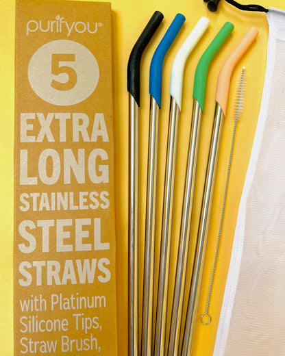purifyou 14.5" Reusable Stainless Steel Straws with Silicone Tips – Eco-Friendly, Durable, and Travel-Ready