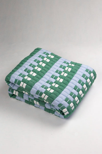 Backordered: Quilted Sujani Throw Blanket - Soft Blue, White and Green