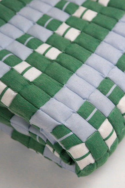 Backordered: Quilted Sujani Throw Blanket - Soft Blue, White and Green