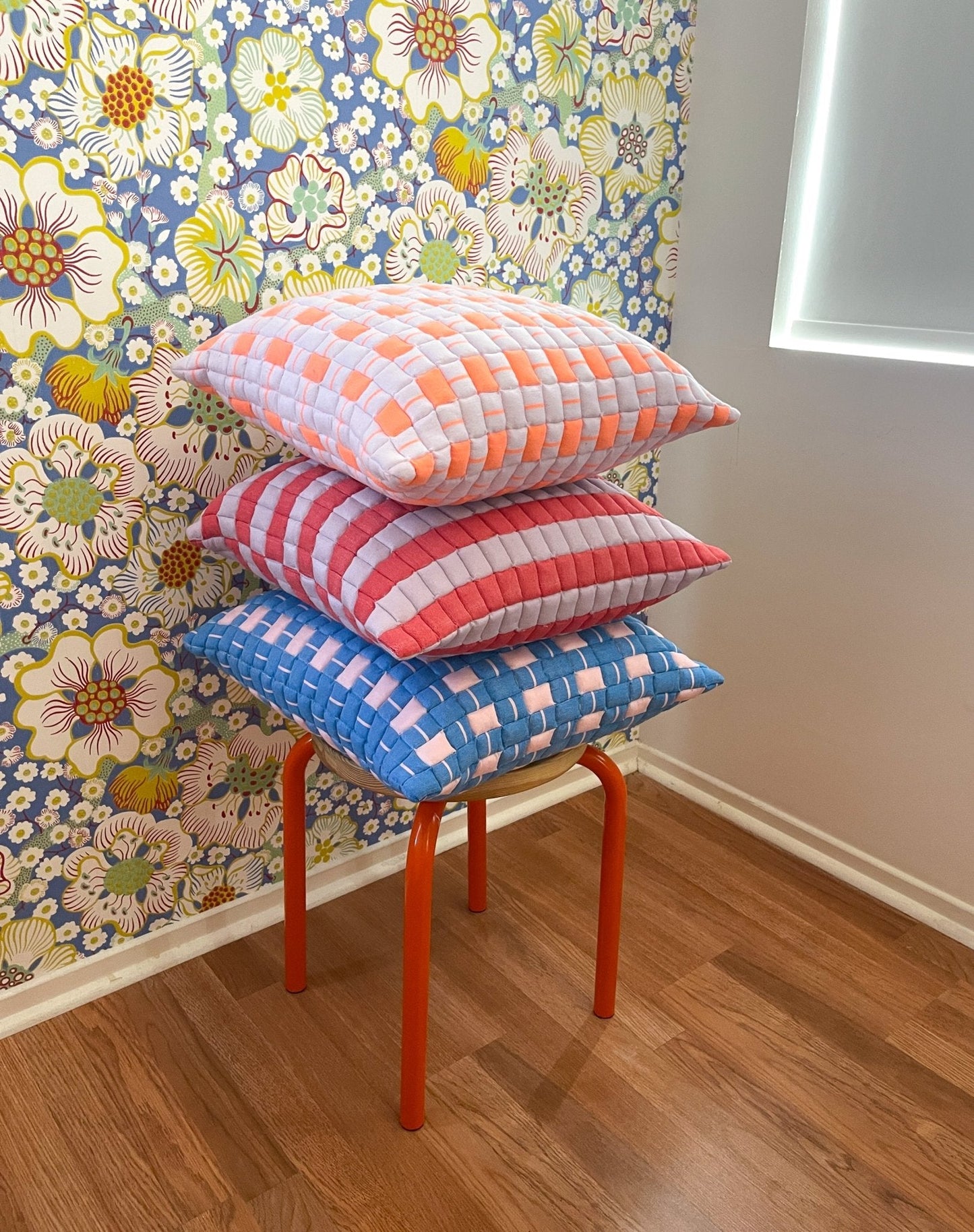Sujani Quilted Pillow in Pastel Lilac and Neon Orange