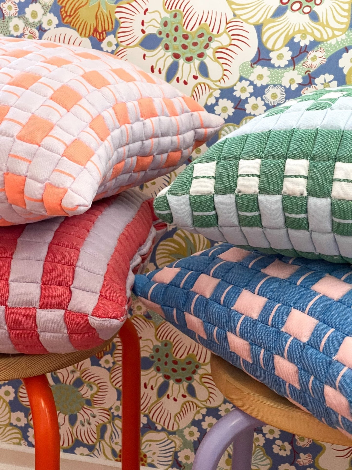 Sujani Quilted Pillow in Pastel Lilac and Neon Orange