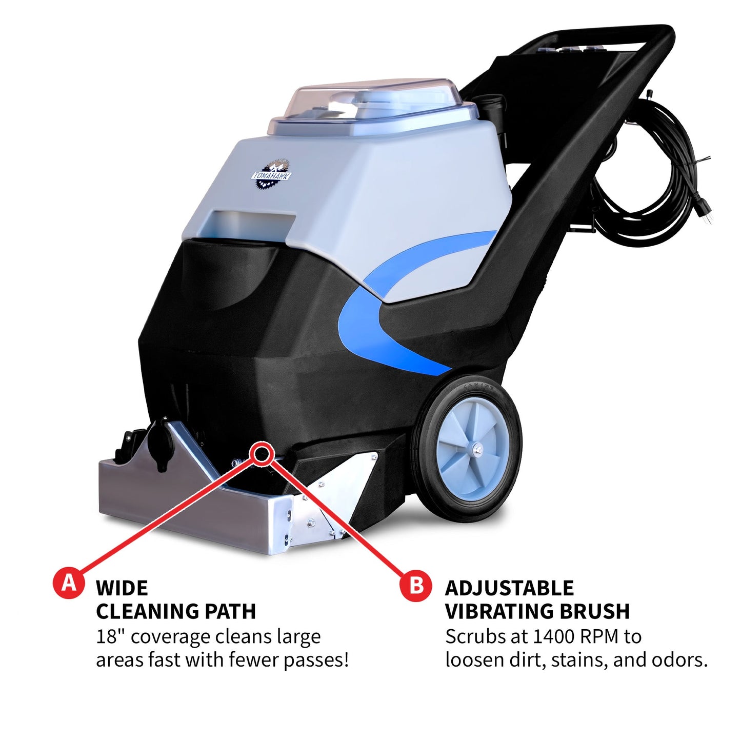 3-in-1 Commercial Carpet Extractor Cleaner, 18” Width, 9 Gallon Dual Tanks, Dual 1000W Motors for Hotels, Offices & Upholstery