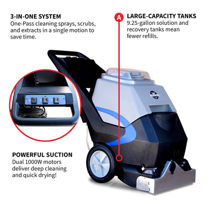 3-in-1 Commercial Carpet Extractor Cleaner, 18” Width, 9 Gallon Dual Tanks, Dual 1000W Motors for Hotels, Offices & Upholstery