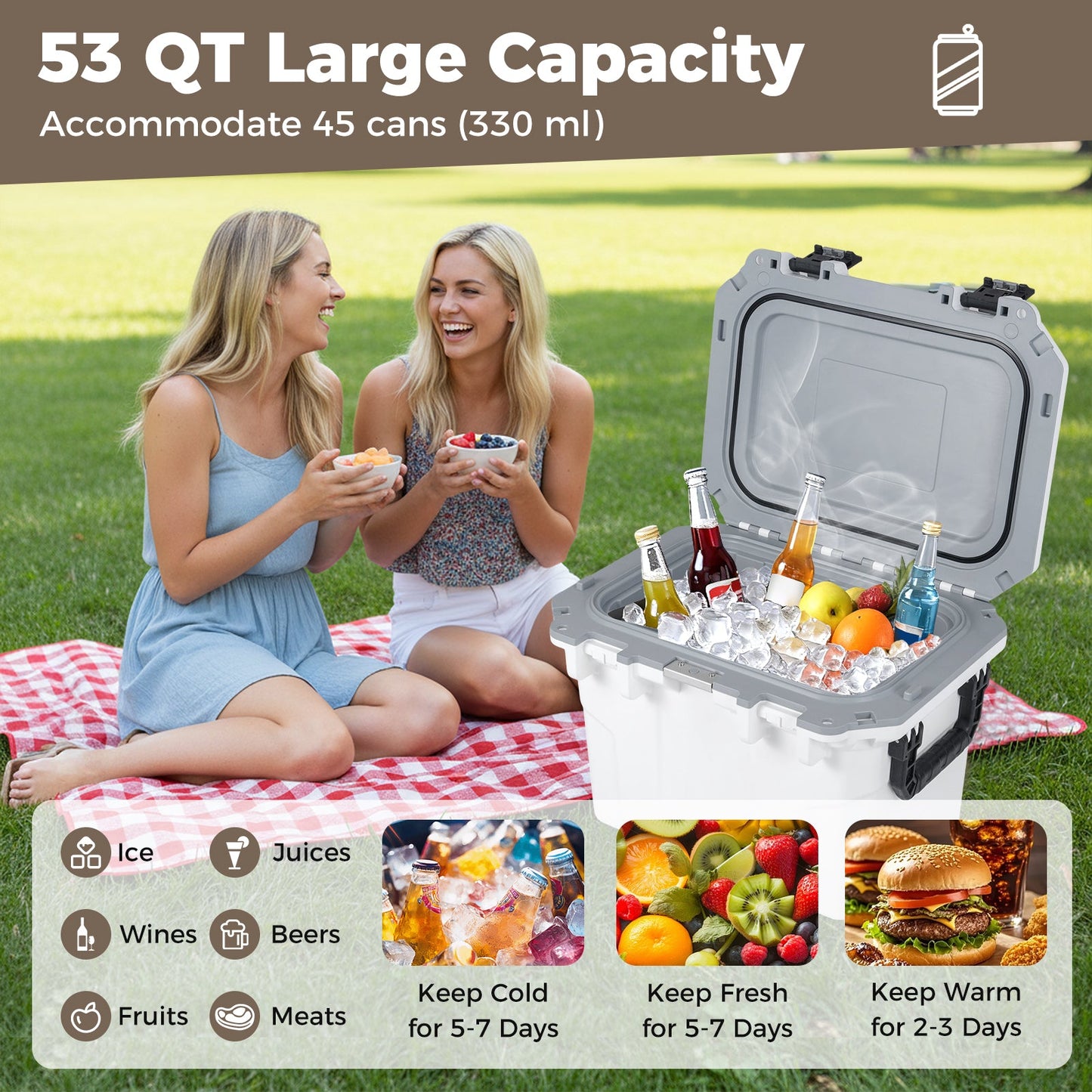 Ultra-Light Injection Molded Cooler 53 QT Hard Ice Chest