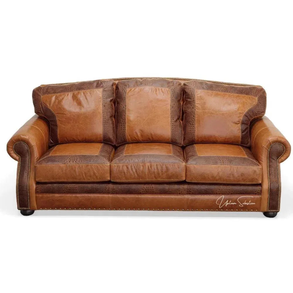 Western Leather Couch Brown Alligator Embossed Leather