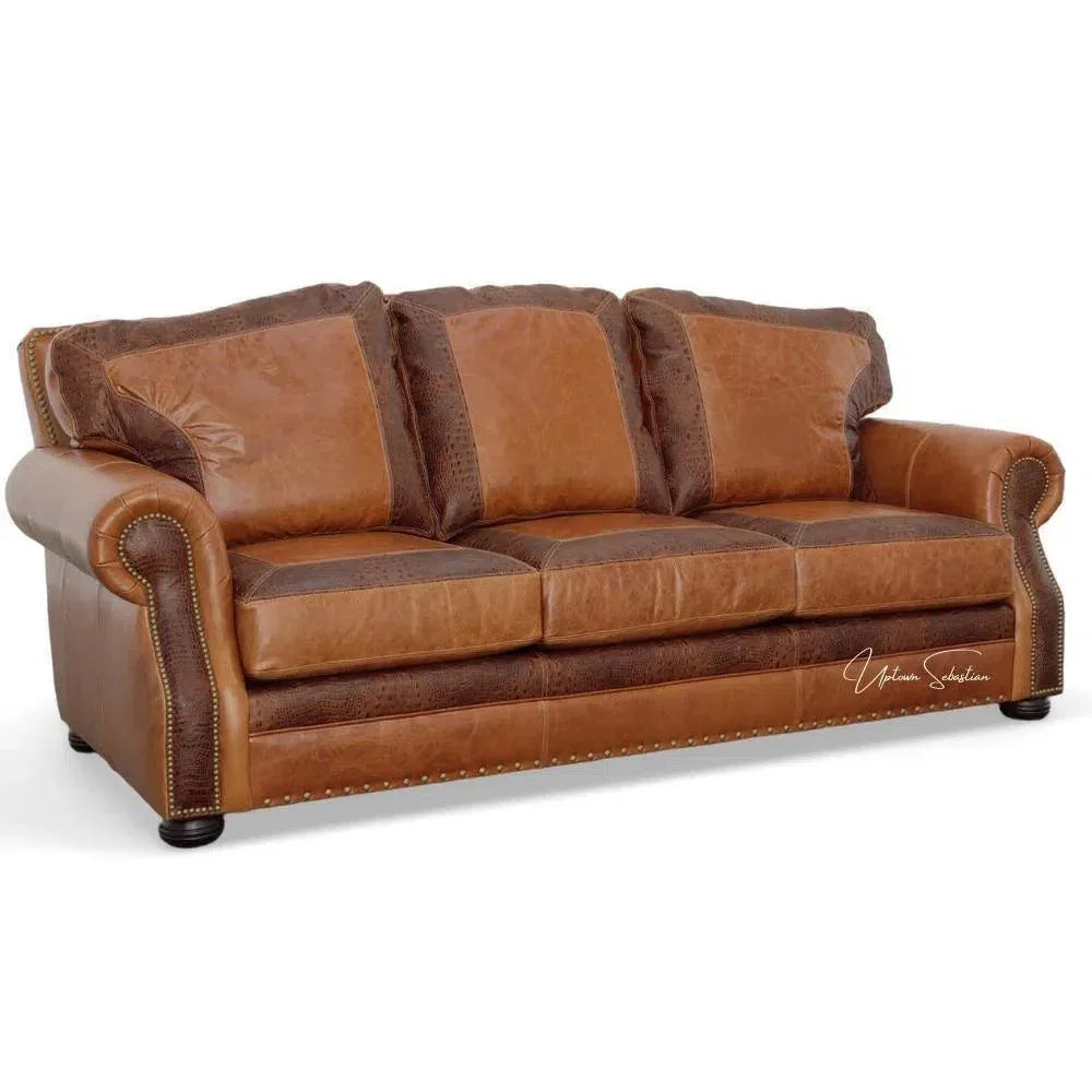 Western Leather Couch Brown Alligator Embossed Leather