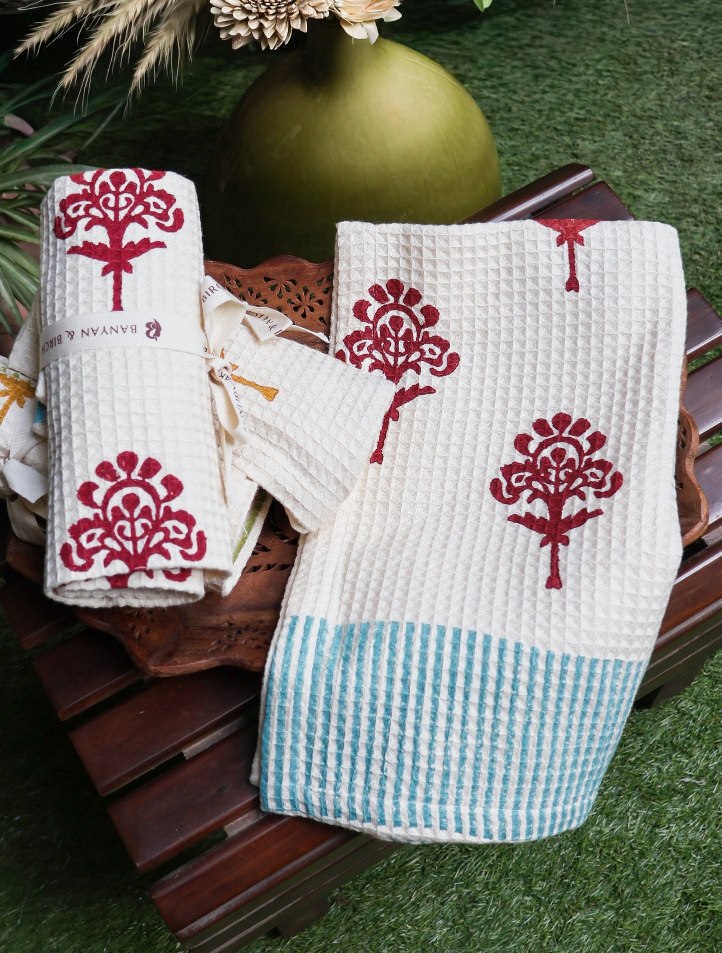 Harmony Cotton Waffle Kitchen Towels - Red Dahlia