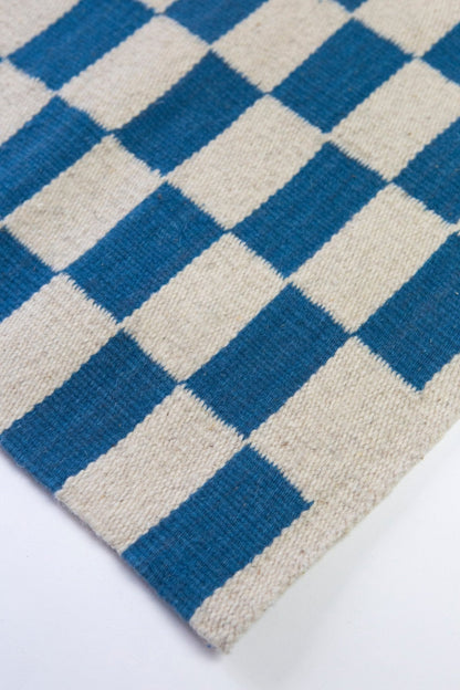 Zapotec Checkered Rug in Blue & Ivory