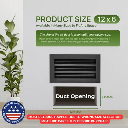 Aluminum Black Linear Slot Diffuser 12x6 (Duct Opening) - Modern Air Vent Cover