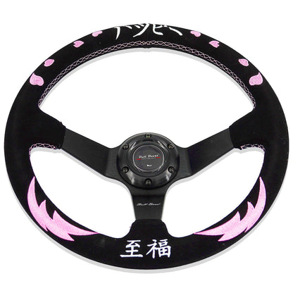 Heart Bliss Universal 350mm 3" Deep Dish 6-Bolt Steering Wheel Black Suede