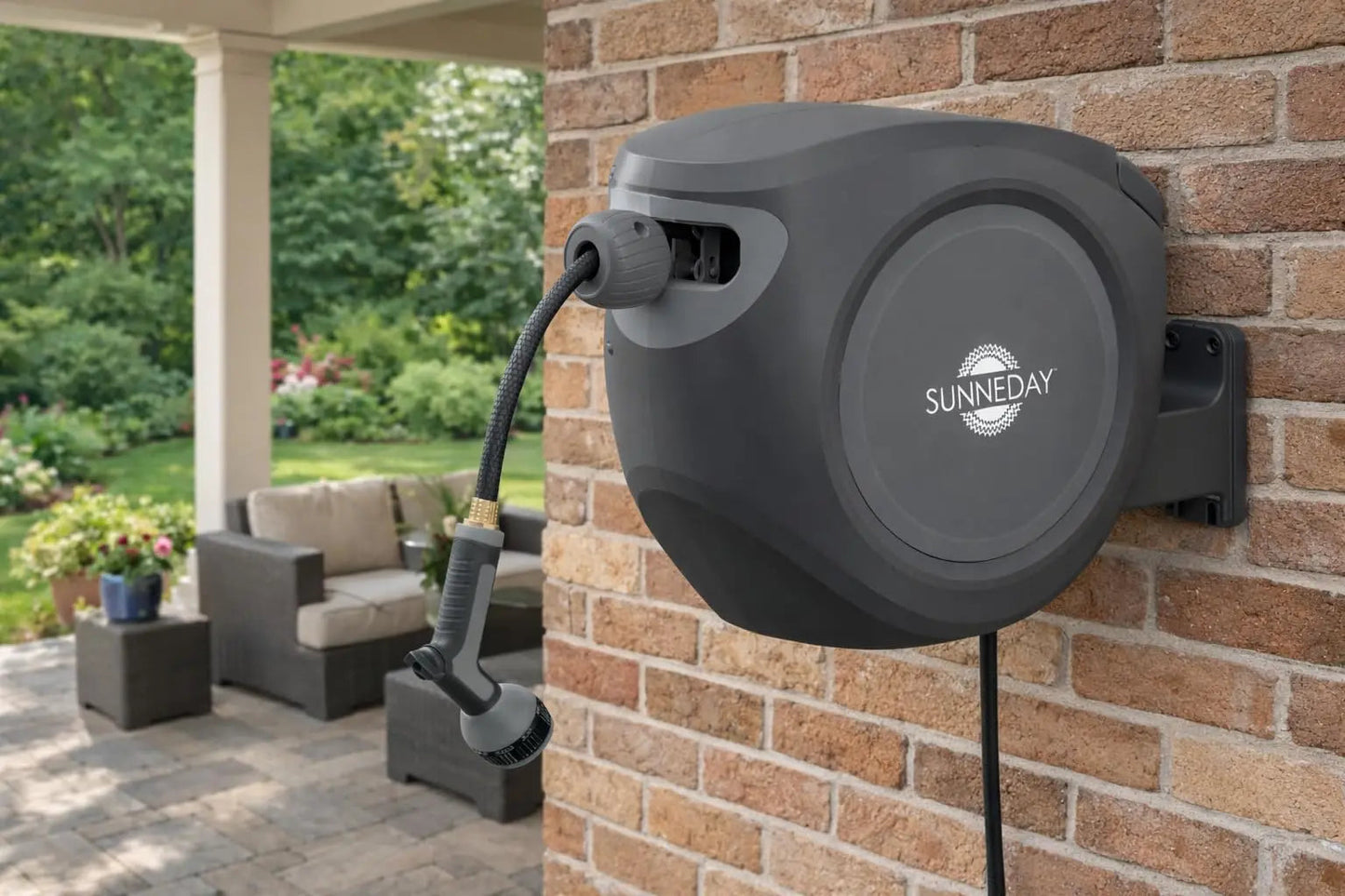 Sunneday Retractable Hose Reel | 100 ft | Auto Rewind | 180° Swivel Wall Mount | Black/Gray | 1/2" & 5/8"