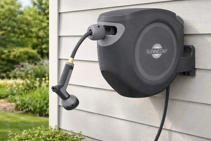 Sunneday Retractable Hose Reel | 100 ft | Auto Rewind | 180° Swivel Wall Mount | Black/Gray | 1/2" & 5/8"