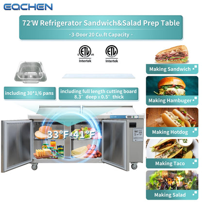 72 inch Salad Sandwich Prep Table Refrigerator, Mega Top, Stainless Steel Food Prep Cooler