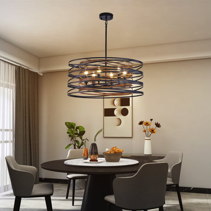 24" Rustic Industrial Black and Walnut Metal Cage Chandelier