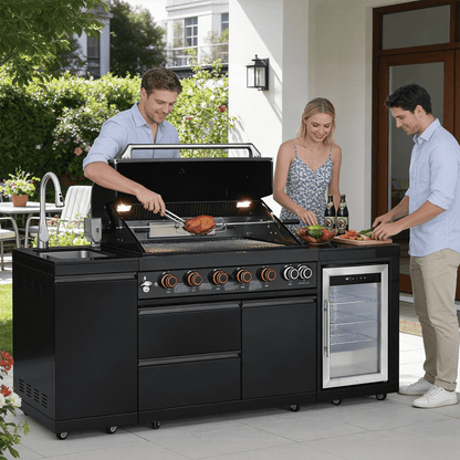 82.5" 6-Burner 83,500 BTU Black Outdoor Kitchen Island Grill Sink + Refrigerator