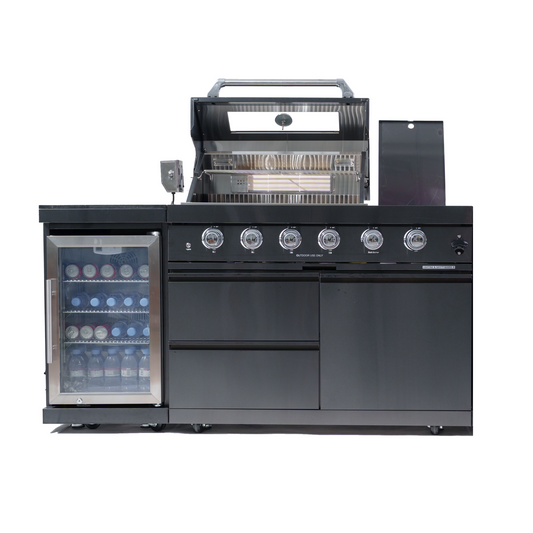 65" 4-Burner 72,000 BTU Black Outdoor Kitchen Island Grill + Wine Cooler + Rotisserie Kit
