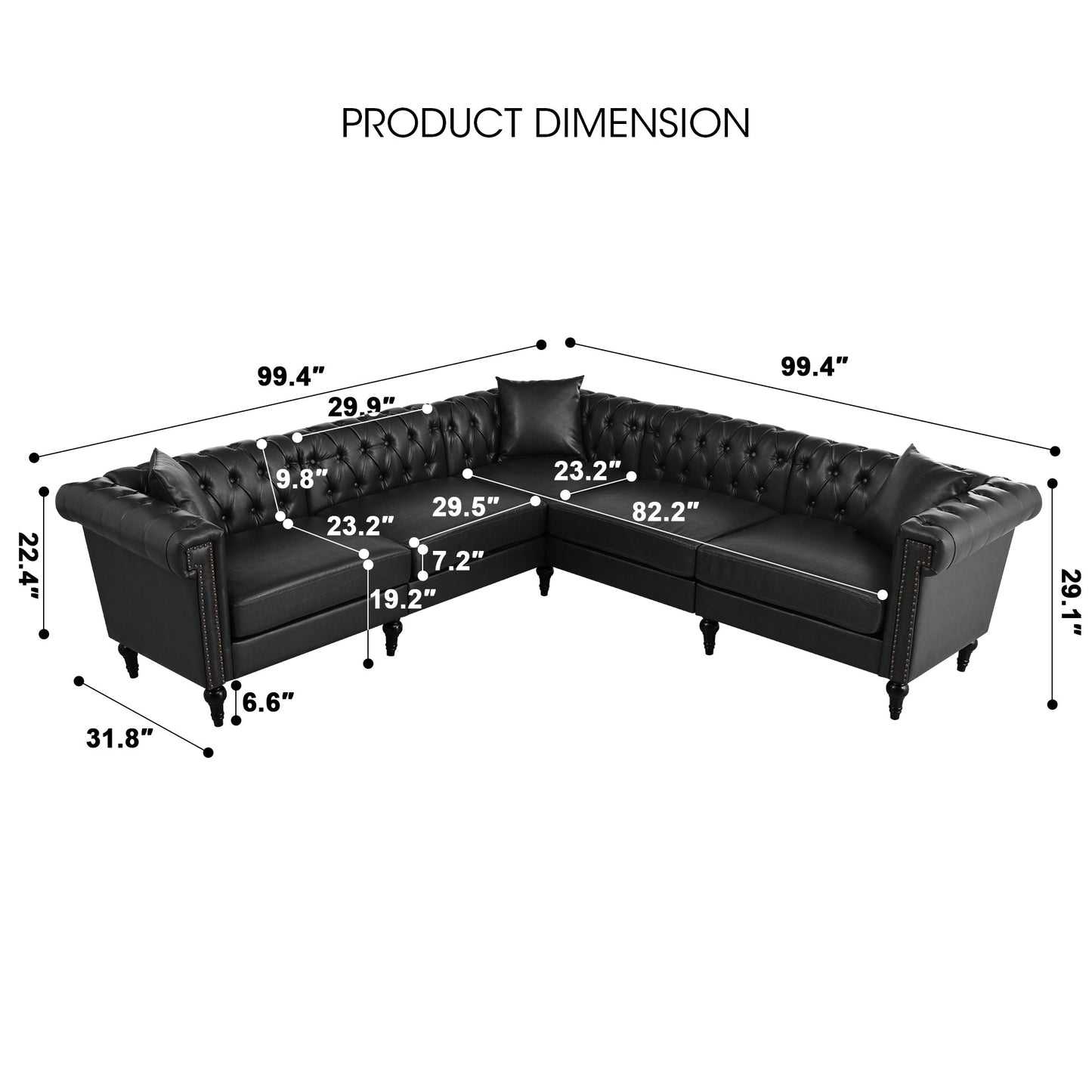 Sectional Sofa Couch for Living Room, L Shaped Reversible Modern Chesterfield Sofa with Rolled Arms and Nailhead, 5 Seat Tufted Couch for Small or Large Space(Black) PU Leather