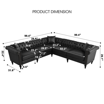 Sectional Sofa Couch for Living Room, L Shaped Reversible Modern Chesterfield Sofa with Rolled Arms and Nailhead, 5 Seat Tufted Couch for Small or Large Space(Black) PU Leather