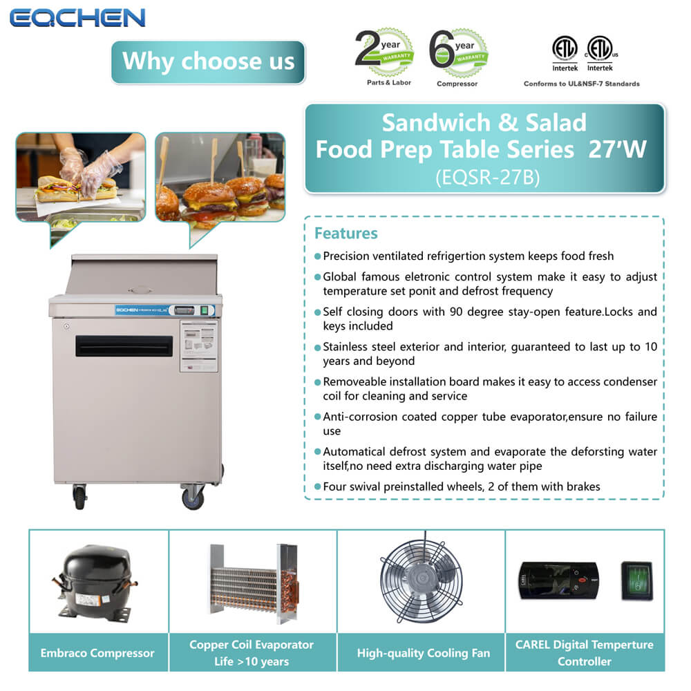 27 inch Salad Sandwich Prep Table Refrigerator, Stainless Steel Single Door Food Prep Cooler