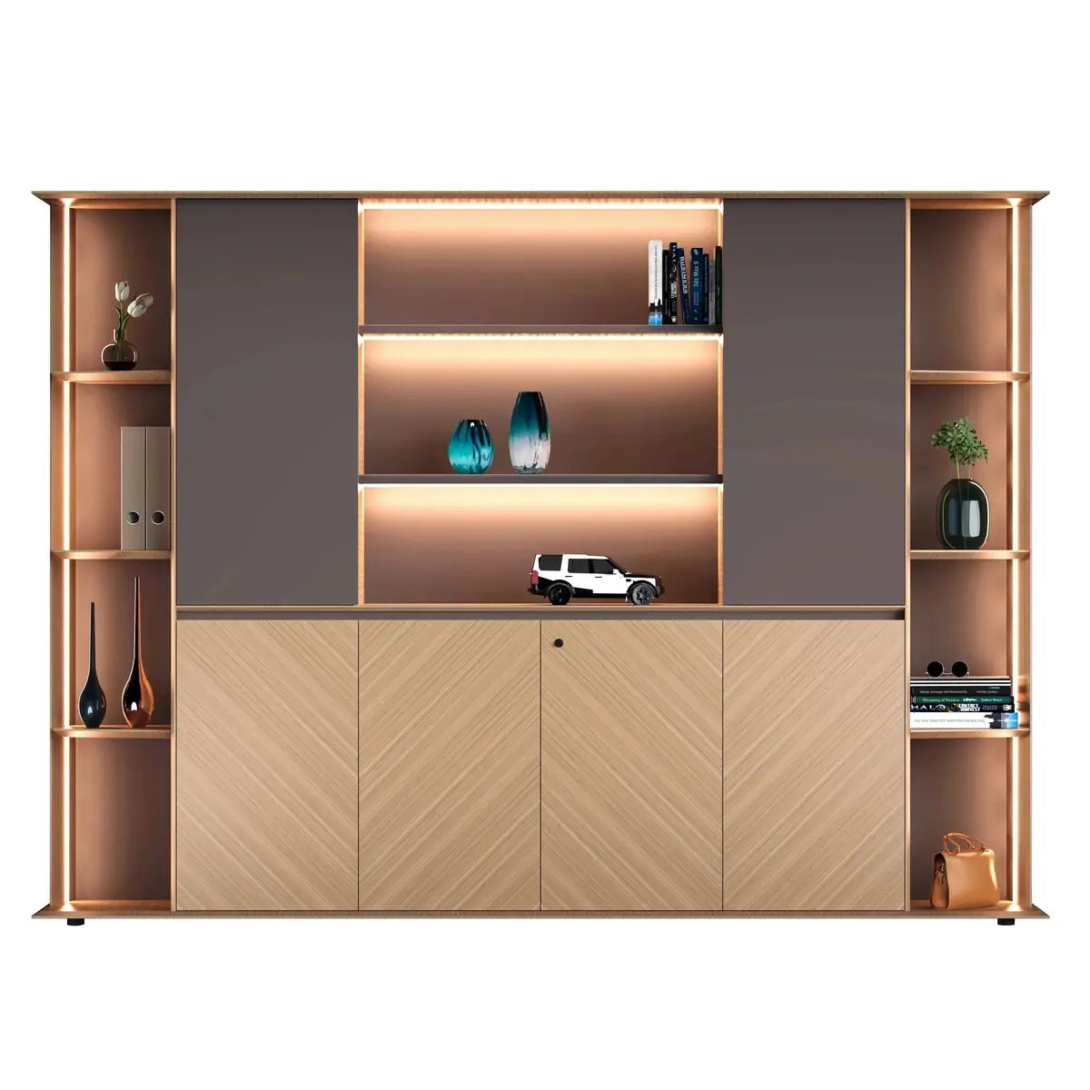 Sona · Office Shelves w/ Lighting & Cabinets