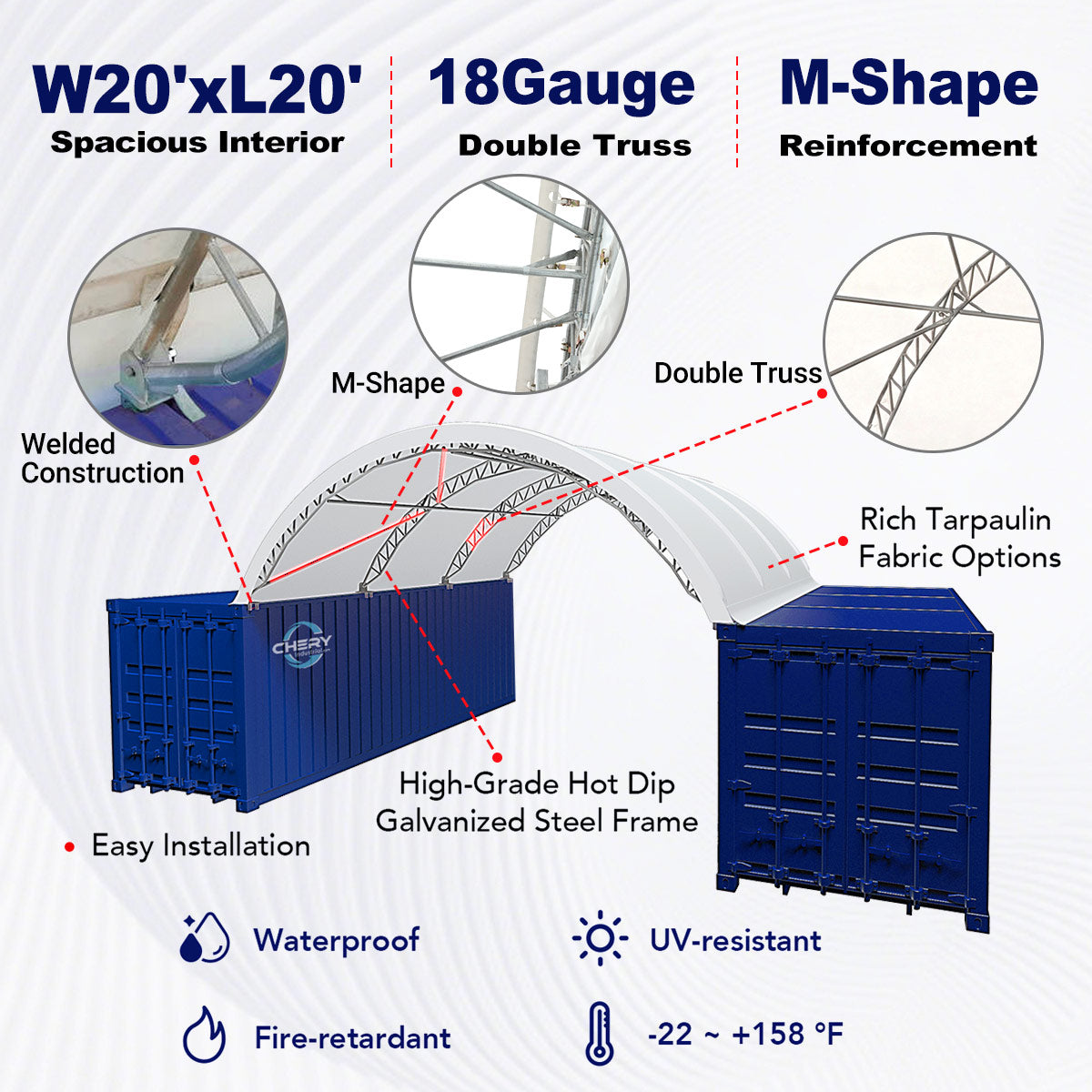 Reinforced 20'x20' Double Truss Container Shelter